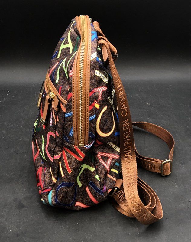 Calvin Klein Brown Multi-Color Graffiti Logo Mini Backpack Gold Hardware