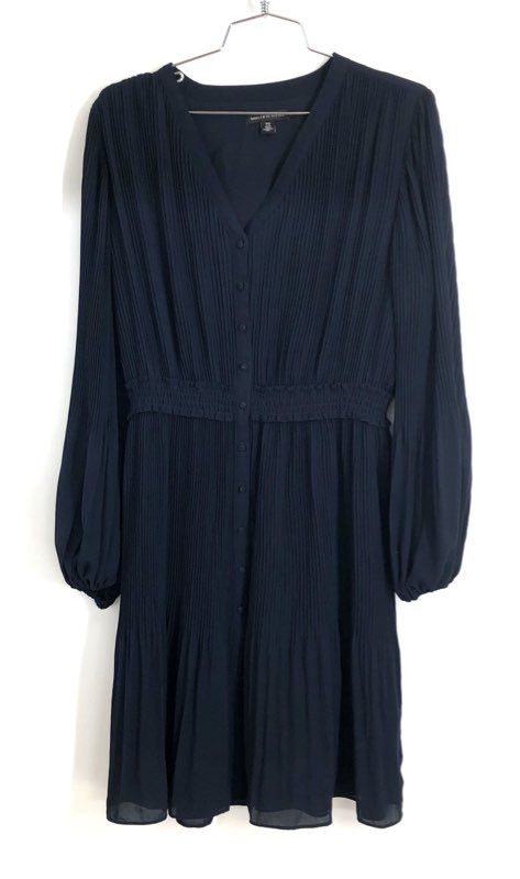 Saks Fifth Avenue Women's Pleated Long Sleeve Button Front Dress Set Navy Red L
