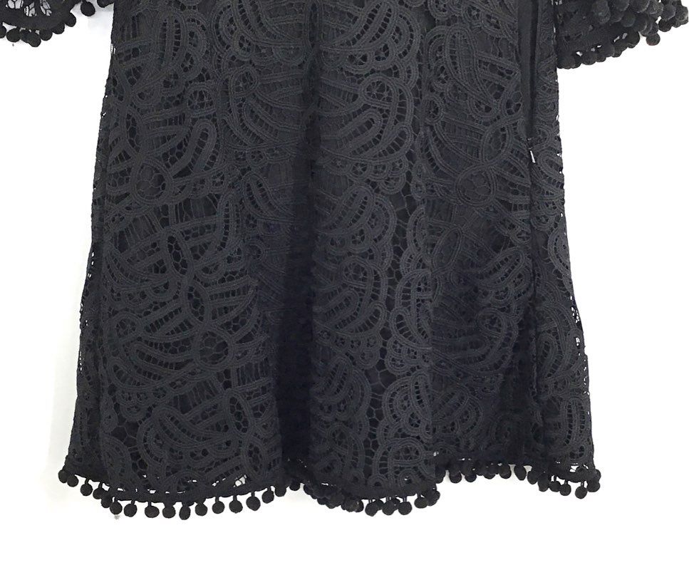 Tularosa Women's Black Lace Mini Dress Lace-up Front Pom Pom Trim Sz S
