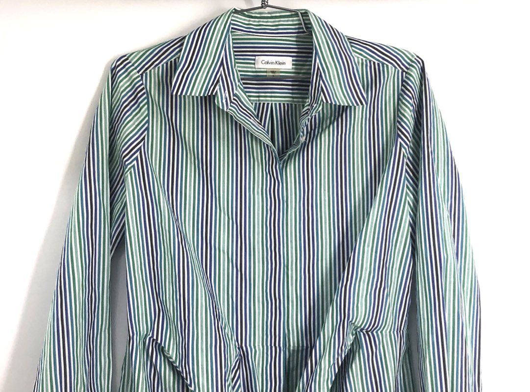 Calvin Klein Women's Blue Green Striped Tie Waist Long Sleeve Shirt Dress Sz 4