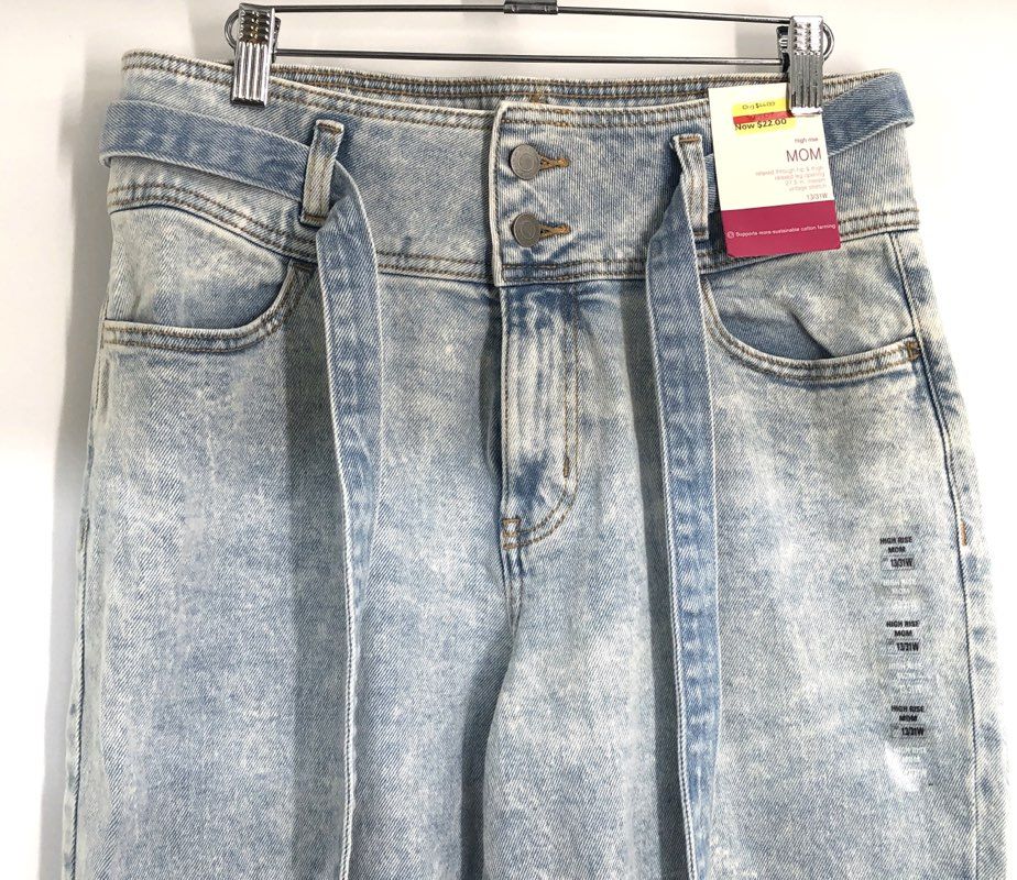 SO Women's High Rise Mom Jeans Acid Wash Paperbag Waist Tie Belt Raw Hem NWT 13