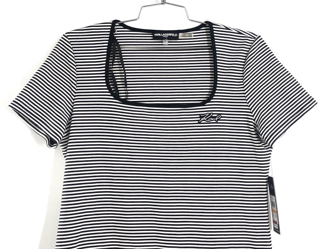 Karl Lagerfeld Paris Women's Black White Striped Pleated Hem Dress Size S NWT