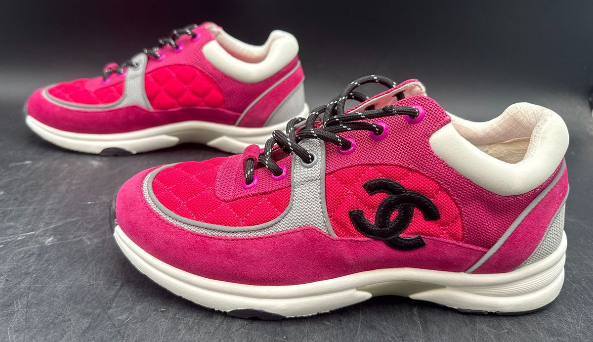 Chanel Inspired Women's Fuchsia Pink/Silver/White CC Logo Sneakers - Size 41