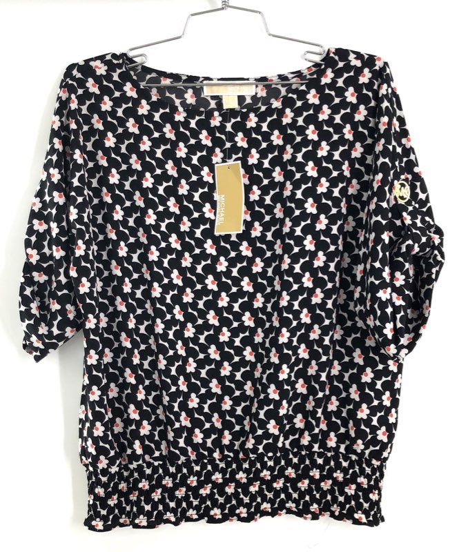 Michael Kors Women's Sangria Floral Smocked Blouse Black White Sz M NWT