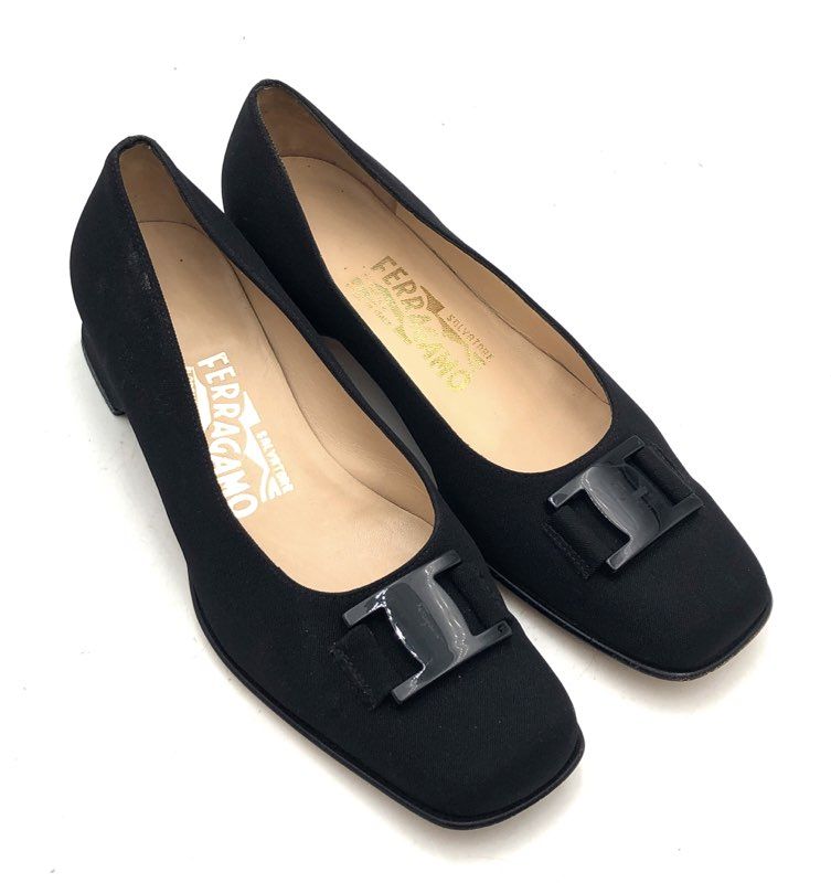 Salvatore Ferragamo Black Fabric Gancini Buckle Low Block Heel Pumps Size 6.5B