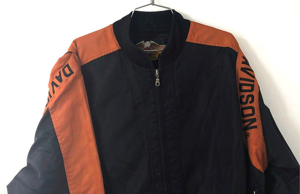 Vintage Harley-Davidson Nylon Bomber Jacket Embroidered Back Logo Orange Sz M