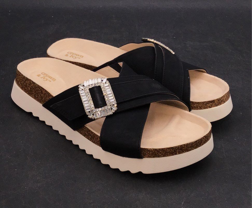 Crown & Ivy Indigo Black Jeweled Buckle Platform Slide Sandals New Womens Sze 10