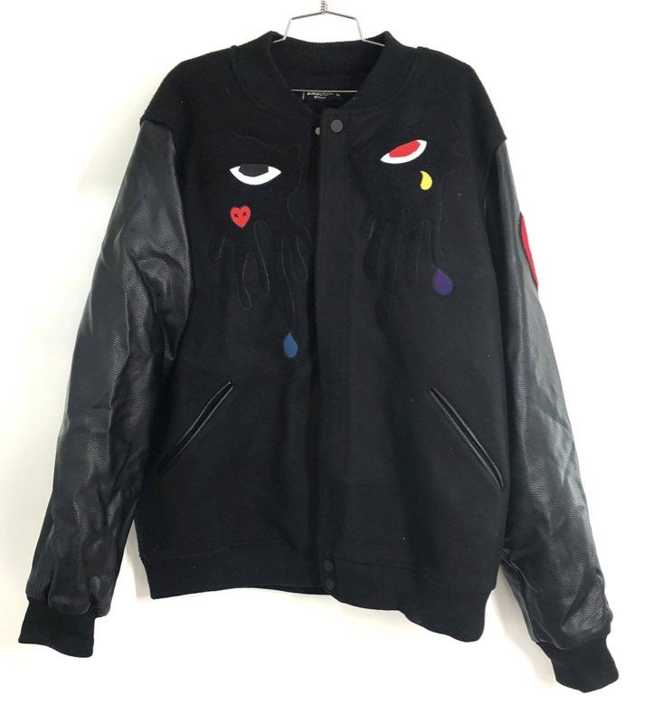 Roku Studio Men's Graphic Varsity Jacket Black Faux Leather Sleeve Sz 3XL