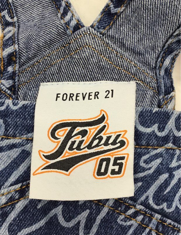 Forever 21 Women's Blue Denim All Over Print Script Logo Overalls Sz S