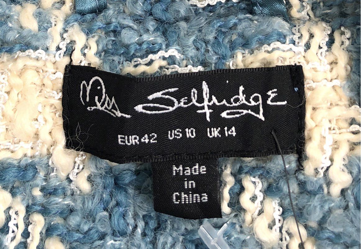 Miss Selfridge Women's Blue Houndstooth Cropped Pearl Button Jacket Sz 10 NWT