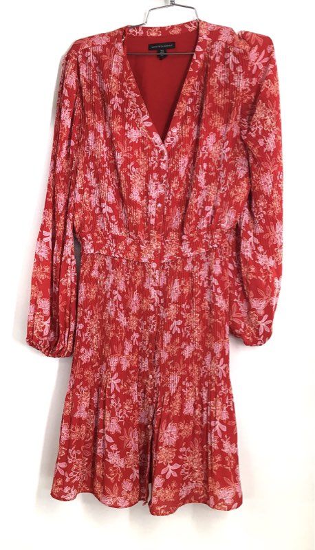 Saks Fifth Avenue Women's Pleated Long Sleeve Button Front Dress Set Navy Red L