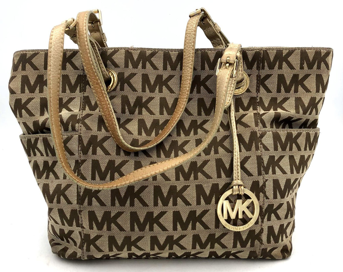 Authentic Michael Kors Luxury Women&#39;s Tan Brown Canvas Tote Bag - COA Included