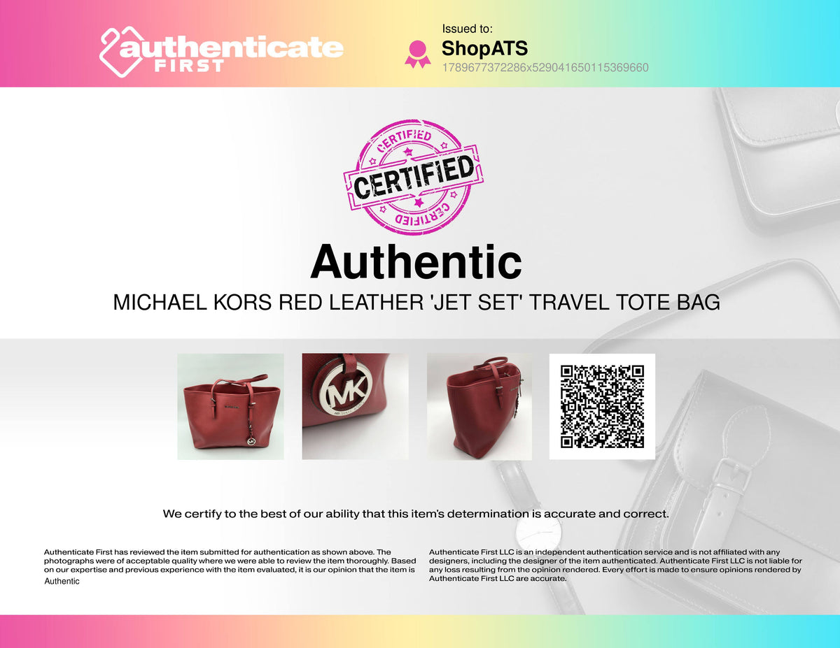 Michael Kors Red Saffiano Leather Jet Set Travel Tote Bag Silver Hardware COA