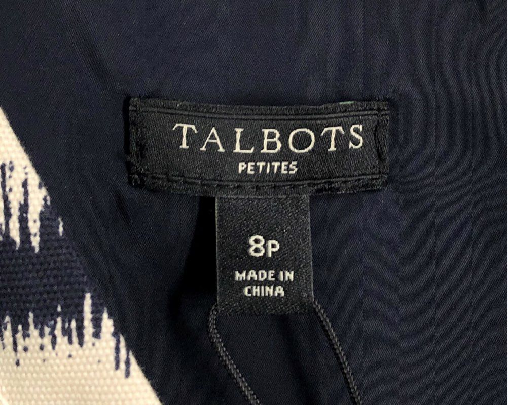 Talbots Petites Women's Navy Cream Geometric Ikat V-Neck Sheath Dress NWT 8P