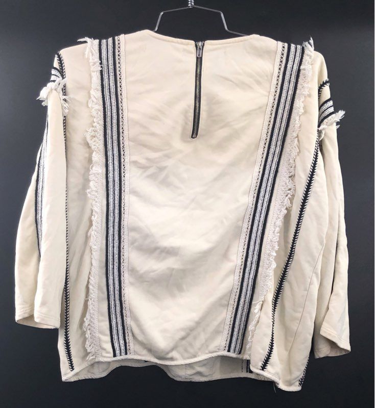 Eri + Ali Anthropologie Women's Cream Black Embroidered Fringe Sweatshirt Sz M