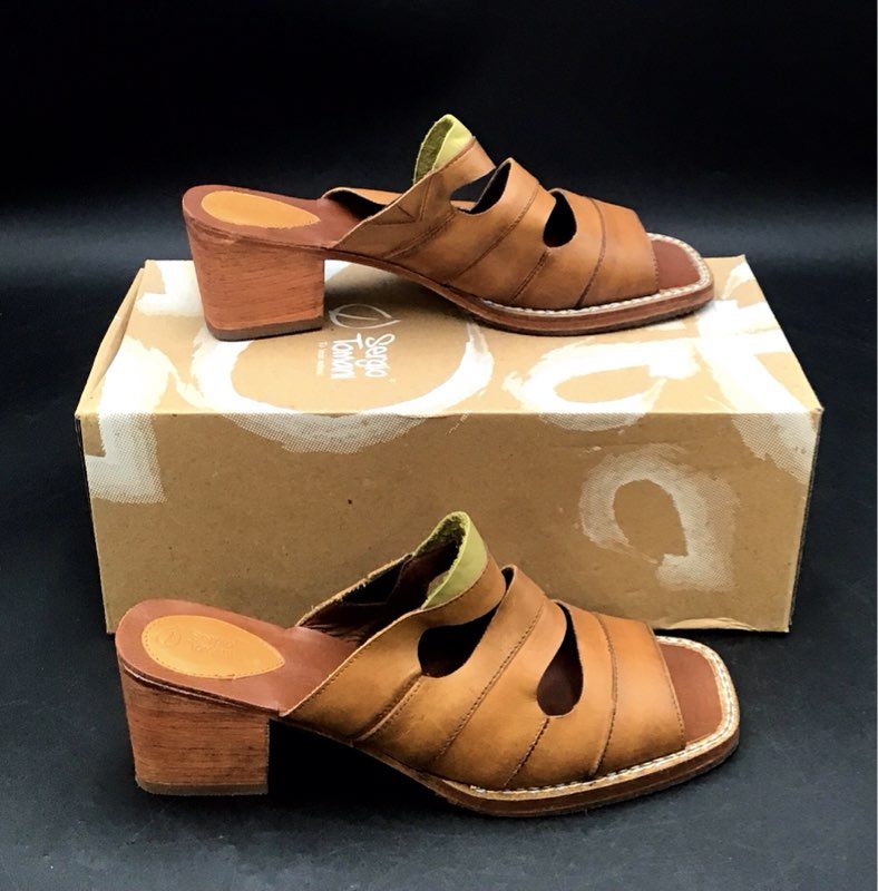 Sergio Tomani Brown Leather Cutout Block Heel Mules Sandals Womens Size EU 40