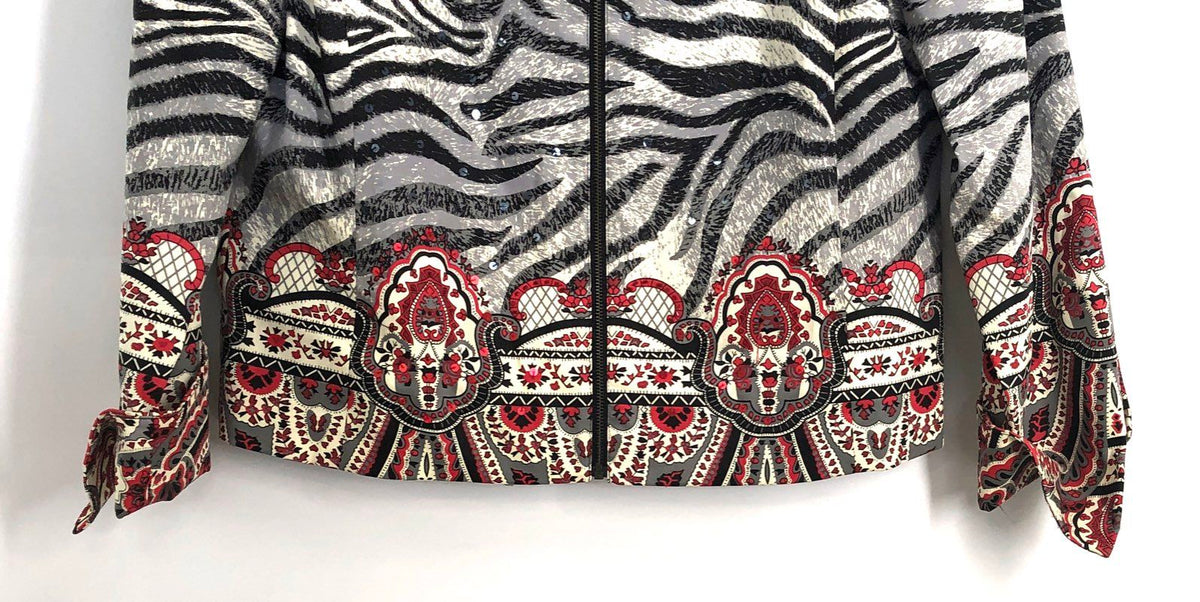 City Girl Nancy Bolen Women's Zebra Paisley Sequin Zip Up Jacket NWT Sz S
