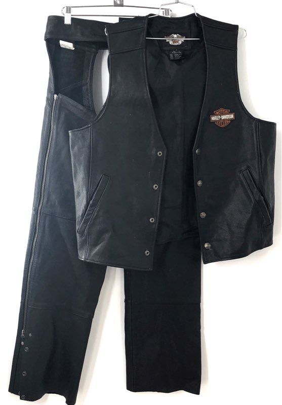Harley-Davidson Genuine Black Leather Motorcycle Vest and Riding Chaps Set Sz M