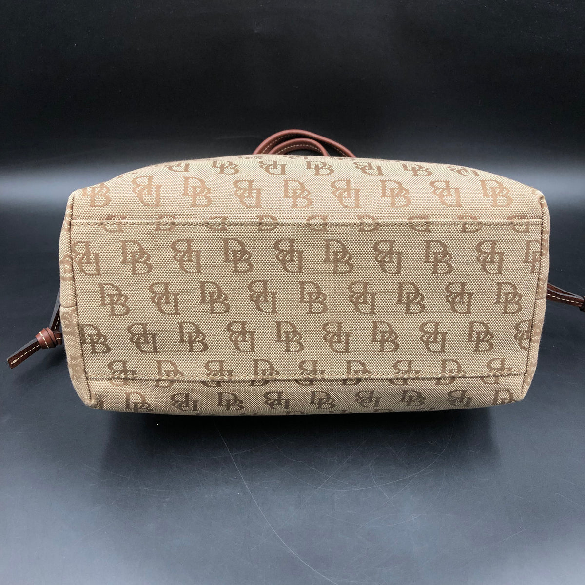 Dooney & Bourke Brown Signature Canvas Monogram Drawstring Satchel Bag COA