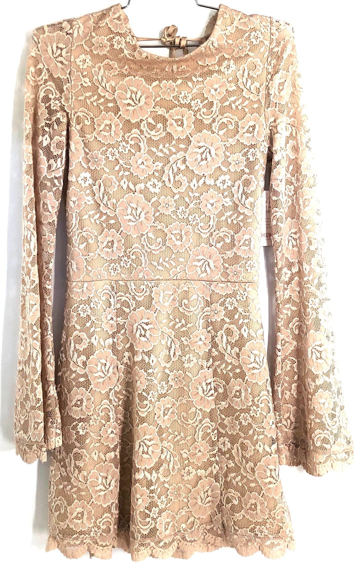 Show Me Your Mumu Women's Beige Floral Lace Bell Sleeve Open Back Mini Dress S