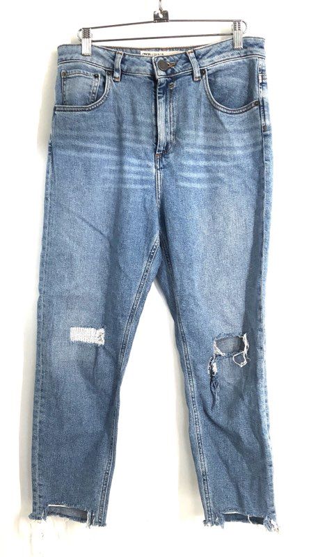ASOS Women's Distressed Ripped High Rise Straight Leg Blue Jeans Sz 30x28