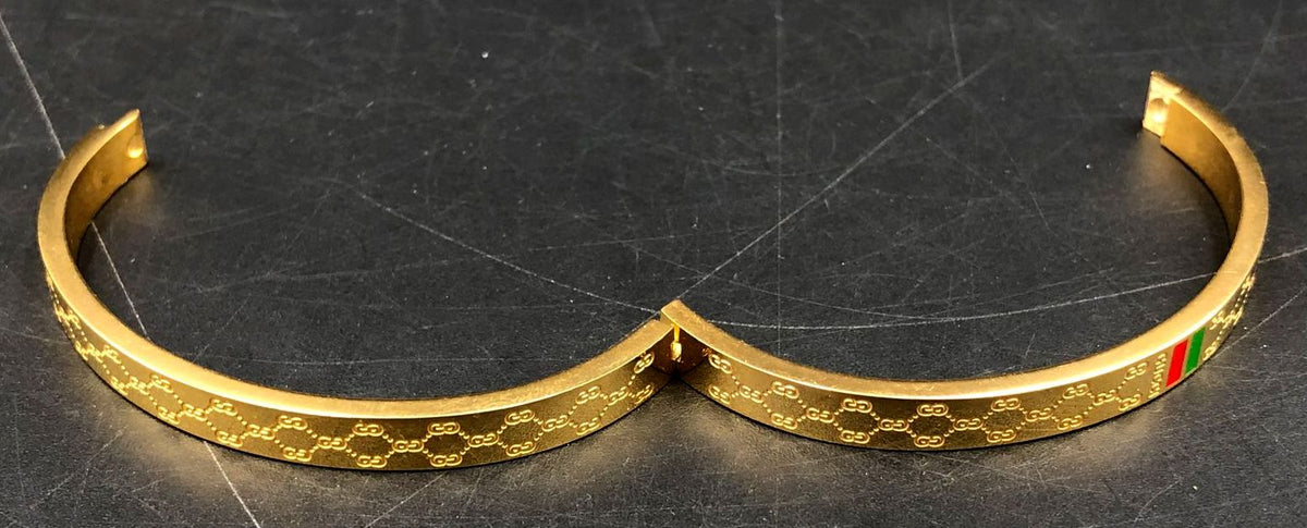 Lot of 2 Gucci Inspired Gold-Tone GG Bangle Bracelets Hinged Web Stripe