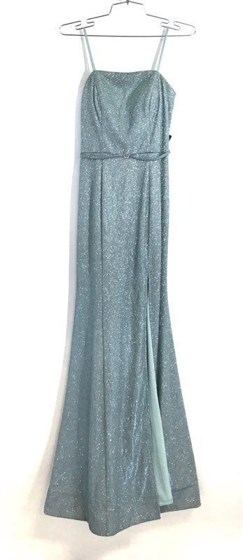City Vibe Women's Seafoam Silver Glitter Metallic Spaghetti Strap Gown Dress 5