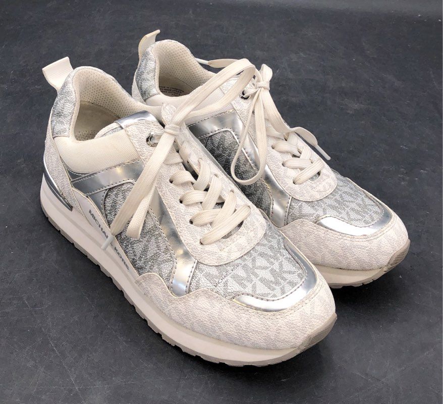 Michael Kors Wilma Trainer Silver White Logo Metallic Sneakers Women's Size 6