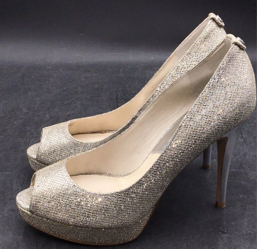 Michael Kors York Silver Glitter Platform Peep-Toe Heels Size 8