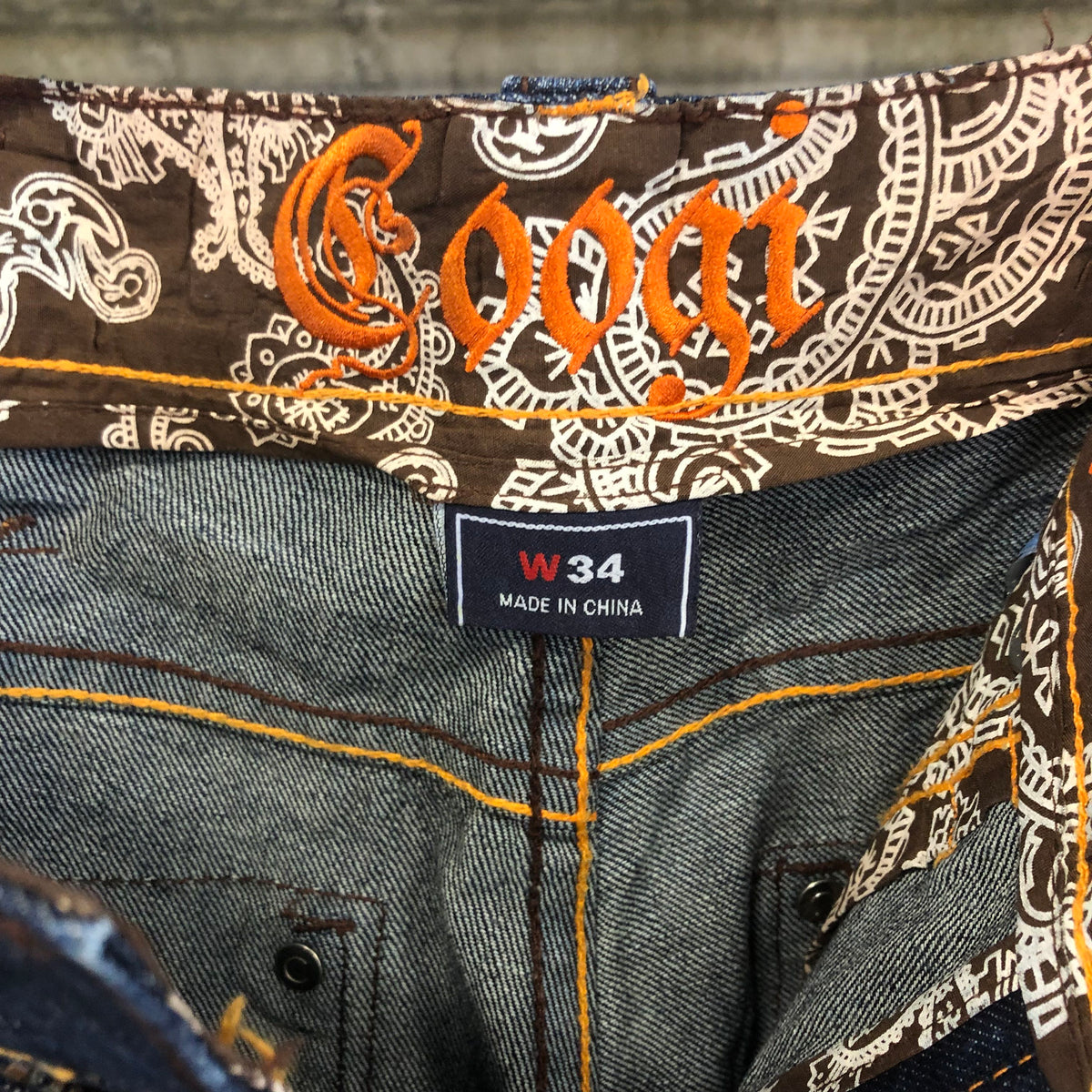 Coogi Men's Indigo Blue Denim Shorts with Orange Embroidery - Size 34