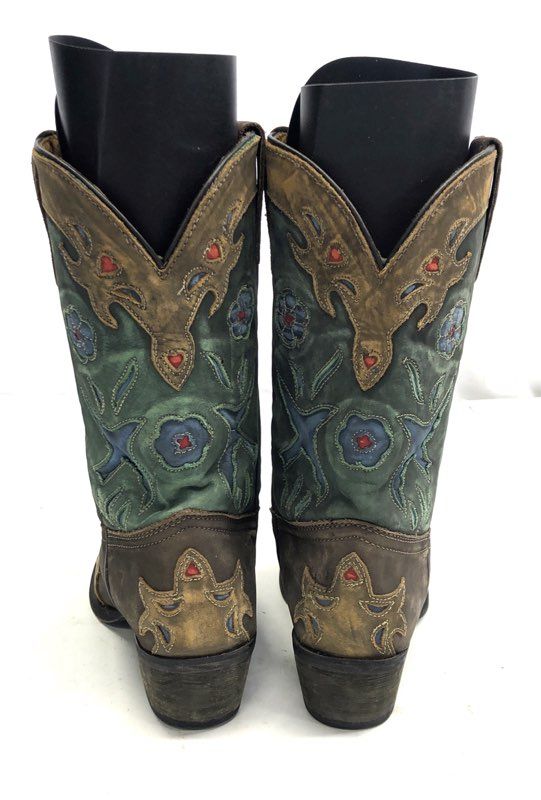 Dan Post Liberty Bird Brown Green Distressed Western Cowboy Boots Youth Size 5.5