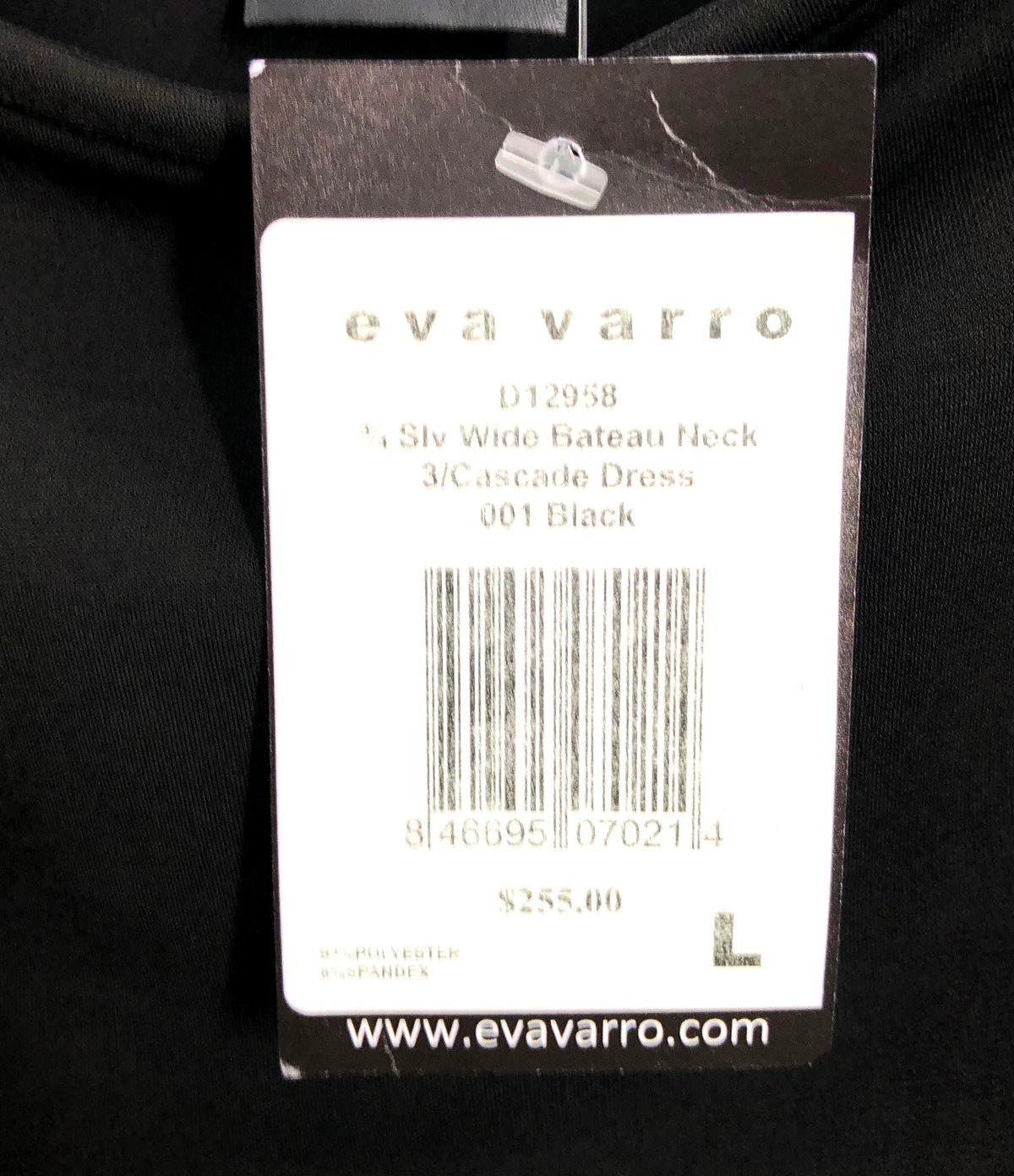 Eva Varro Women's Black Cascade Dress 3/4 Sleeve Wide Bateau Neck NWT Sz L