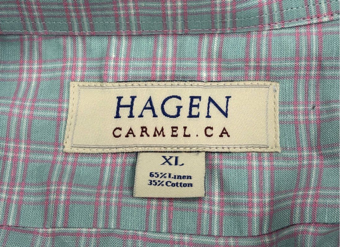 Hagen Men's Aqua Pink Plaid Linen Cotton Blend Button Up Shirt Sz XL NWT