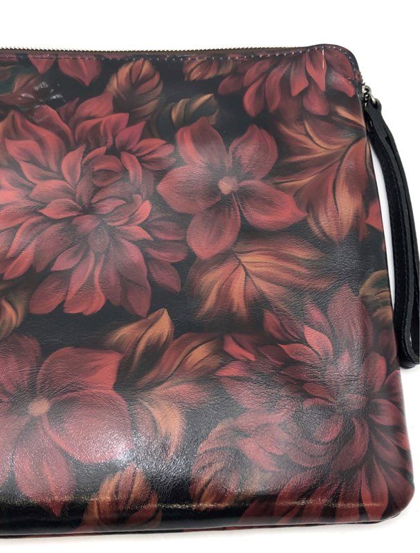 Patricia Nash Red Floral Leather Large Wristlet Pouch Clutch Bag Silver Hardware