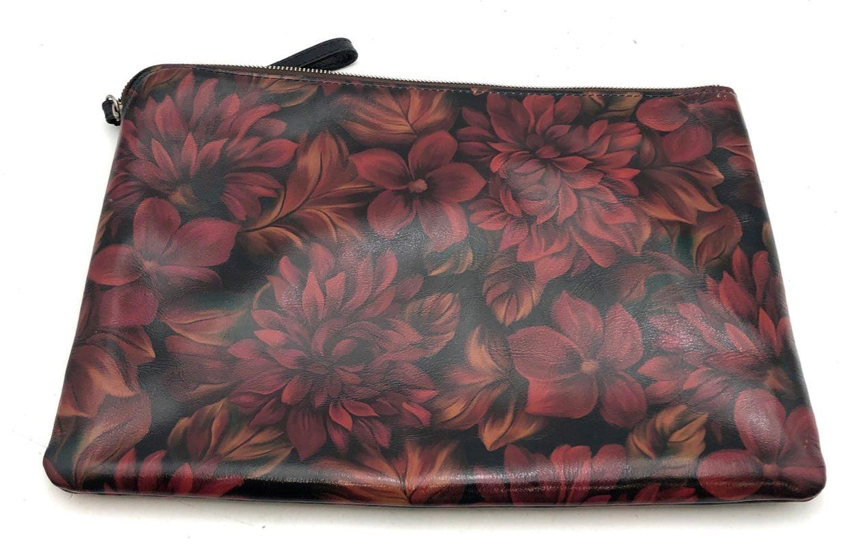 Patricia Nash Red Floral Leather Large Wristlet Pouch Clutch Bag Silver Hardware