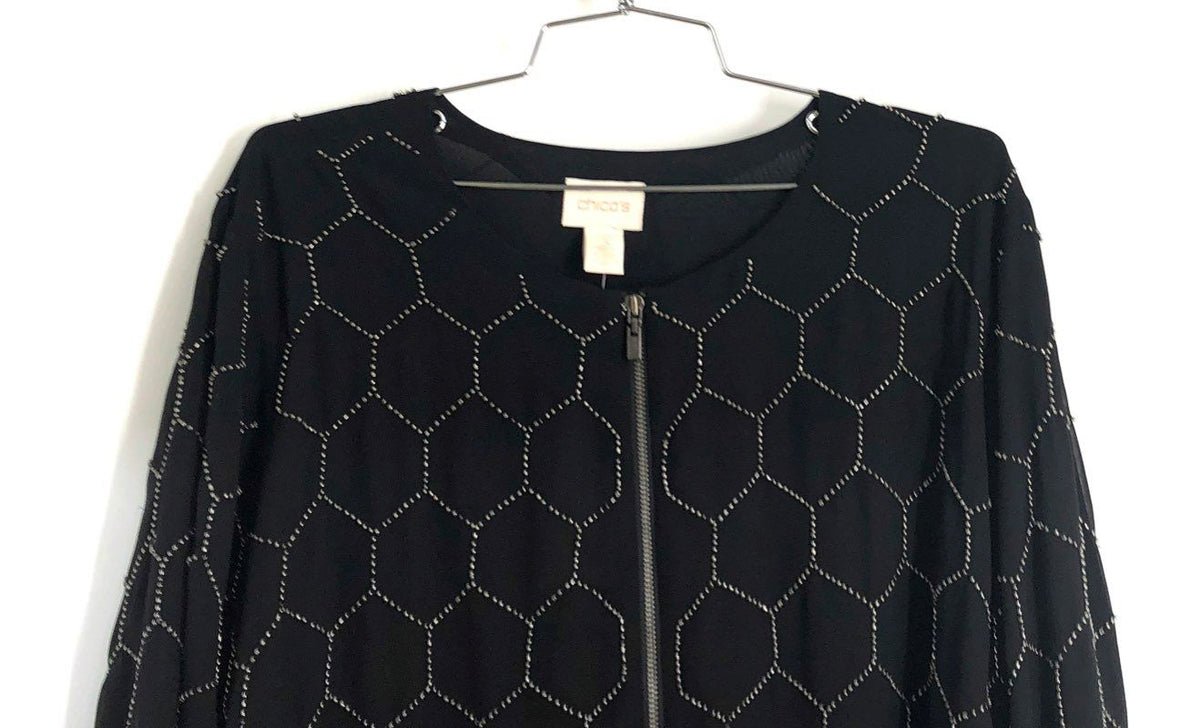 Chico's Women's Beaded Bomber Jacket Black Honeycomb Zip Front Sz 3 NWT