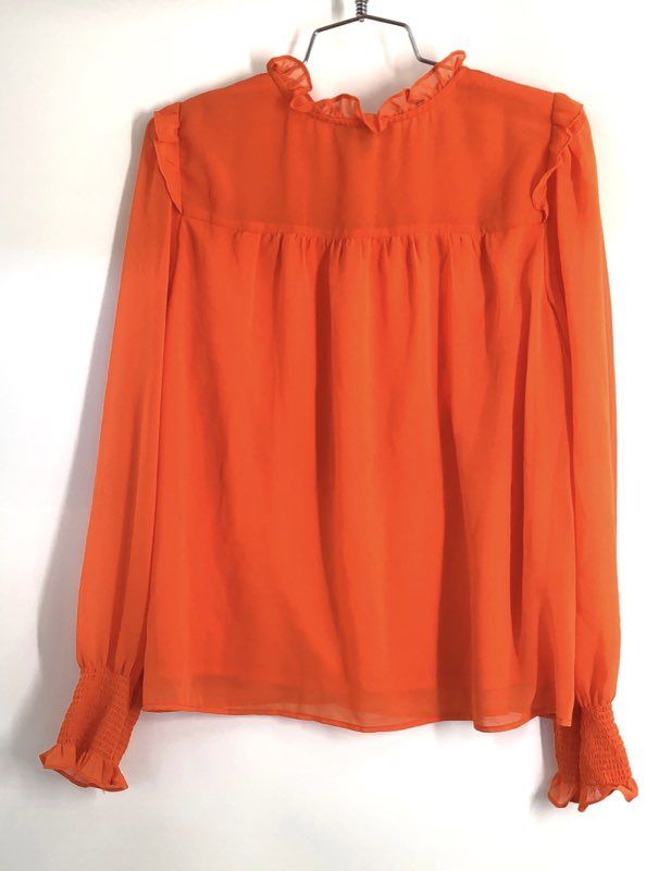 1.STATE Women's Orange Smocked Ruffle Mock Neck Long Sleeve Blouse Size M