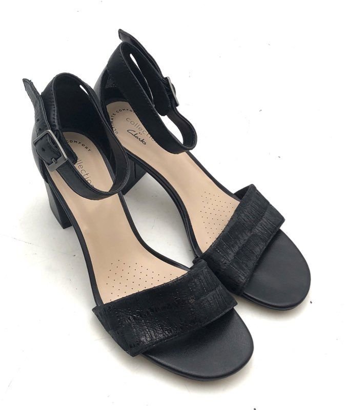 Clarks Jocelynne Cam Black Interest Block Heel Ankle Strap Sandals Size 6.5