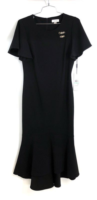 Calvin Klein Women's Black Flutter Sleeve Mermaid Hem Scuba Dress Logo NWT Sz 8