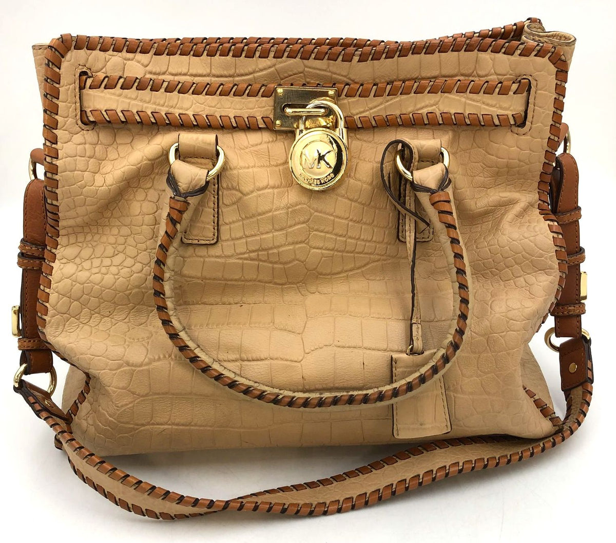 Michael Kors 'Hamilton' Tan Croc Embossed Leather & Brown Whipstitch Tote (+COA)