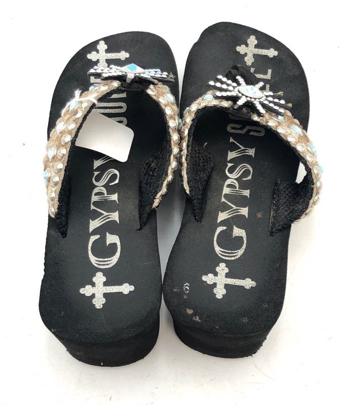 Gypsy Soule Leopard Calf Hair Crystal Studded Platform Wedge Sandals Size 6