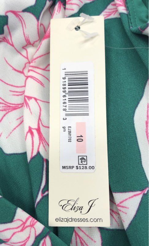 Eliza J Women's Green Floral Surplice Faux Wrap Tie Waist Dress Pink Sz 10 NWT