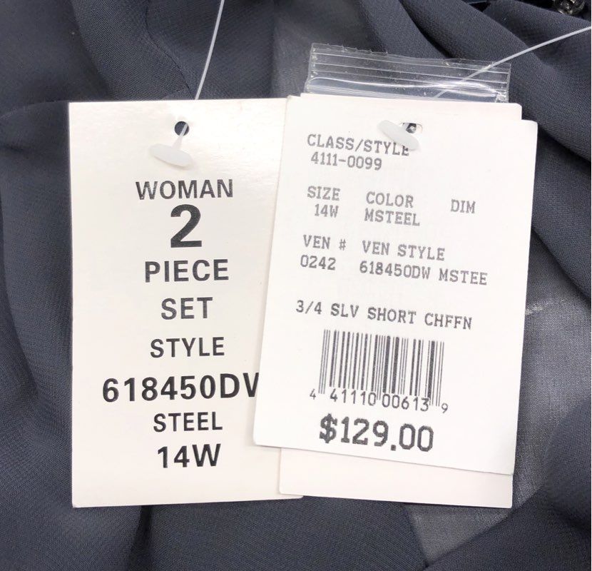 S.L. Fashions Women's Steel Gray 2 Piece Chiffon Beaded Dress Set NWT Sz 14W