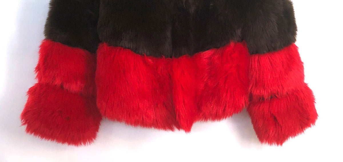 Vintage Y2K Reptailhawke USA Women's Red Cream Brown Faux Fur Hooded Coat Sz L
