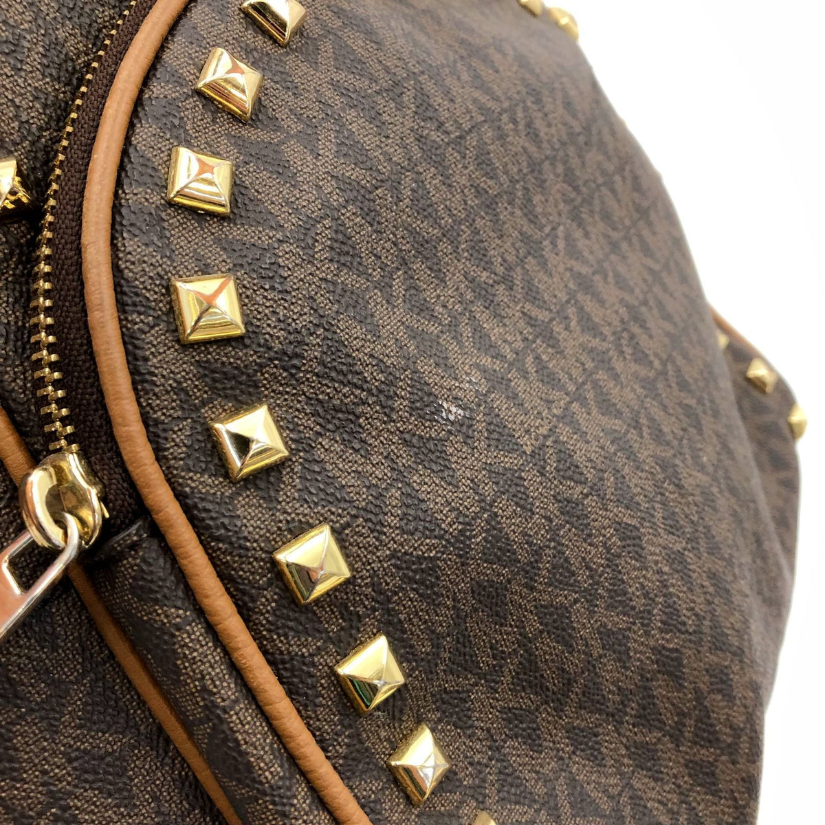 Michael Kors 'Abbey' Brown Signature Print Backpack w/ Gold Studded Trim (+COA)