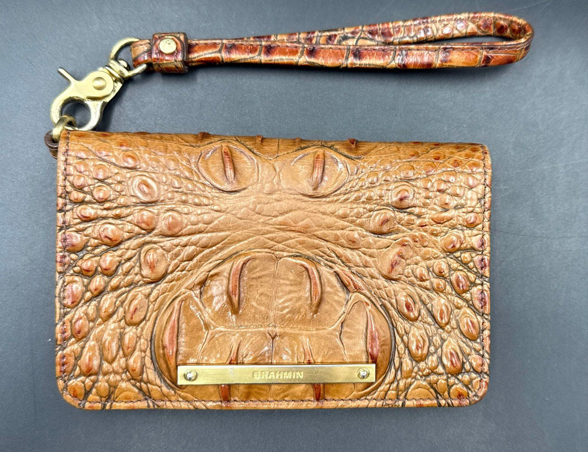 Brahmin Tan Croc Embossed Melbourne Leather Wristlet Wallet Gold Hardware