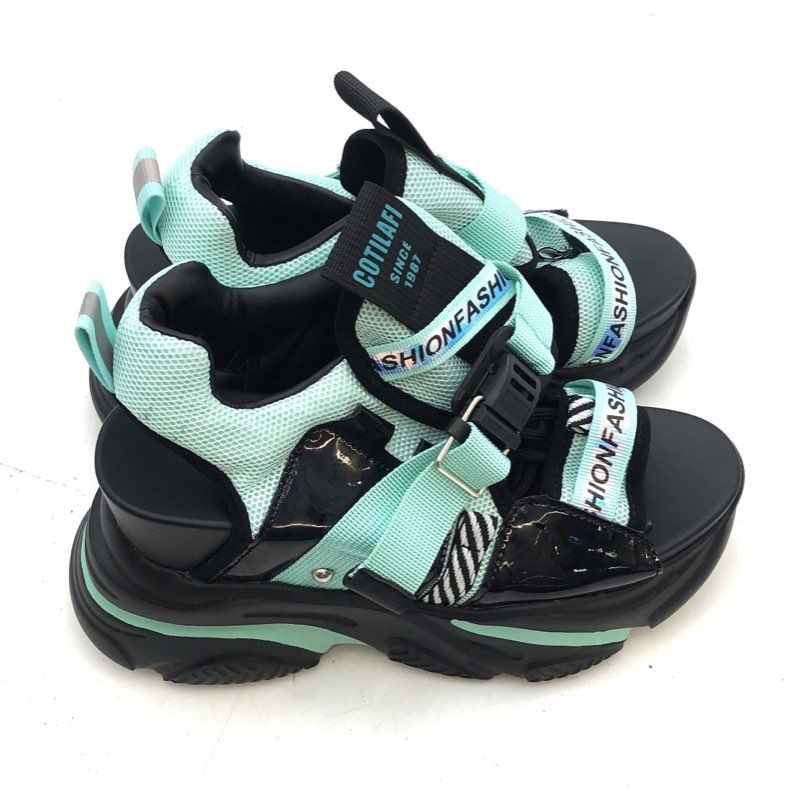 Cotilafi Women's Mint Green Black Platform Wedge Buckle Fashion Sandals Size 5