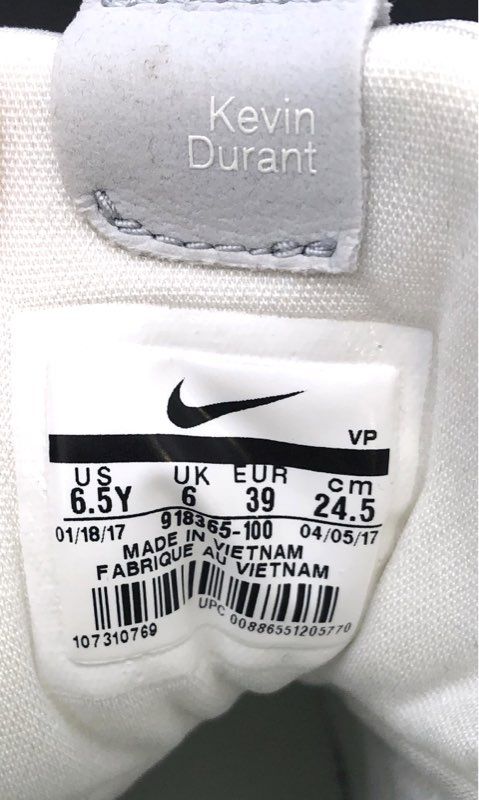 Nike Zoom KD 10 White Chrome Pure Platinum Youth Basketball Shoes Size 6.5Y