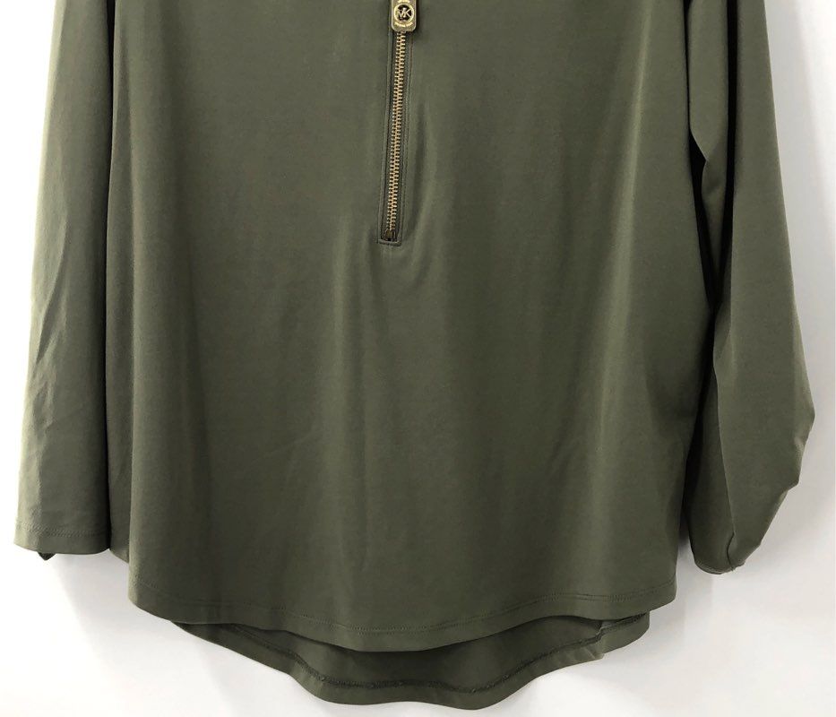 Michael Kors Women's Army Green Gold Zip Front Tunic Blouse Long Sleeve Sz L NWT