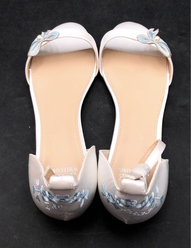 Kate Whitcomb Something Blue Ivory Satin Bow Bridal Wedding Flats Size 8 NIB